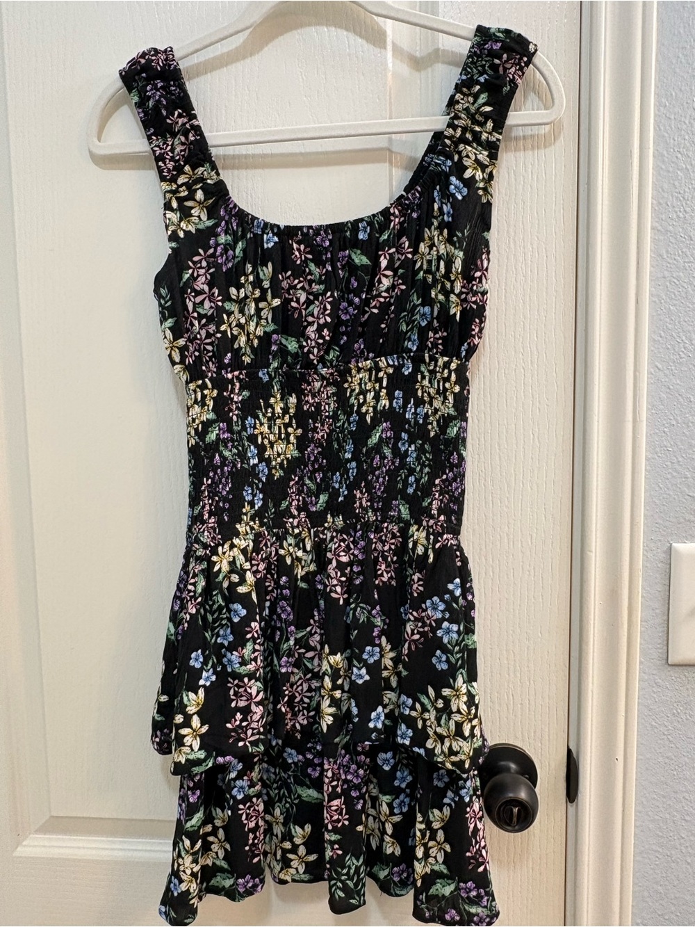 Black Floral Tiered Sundress with Pastel Blooms